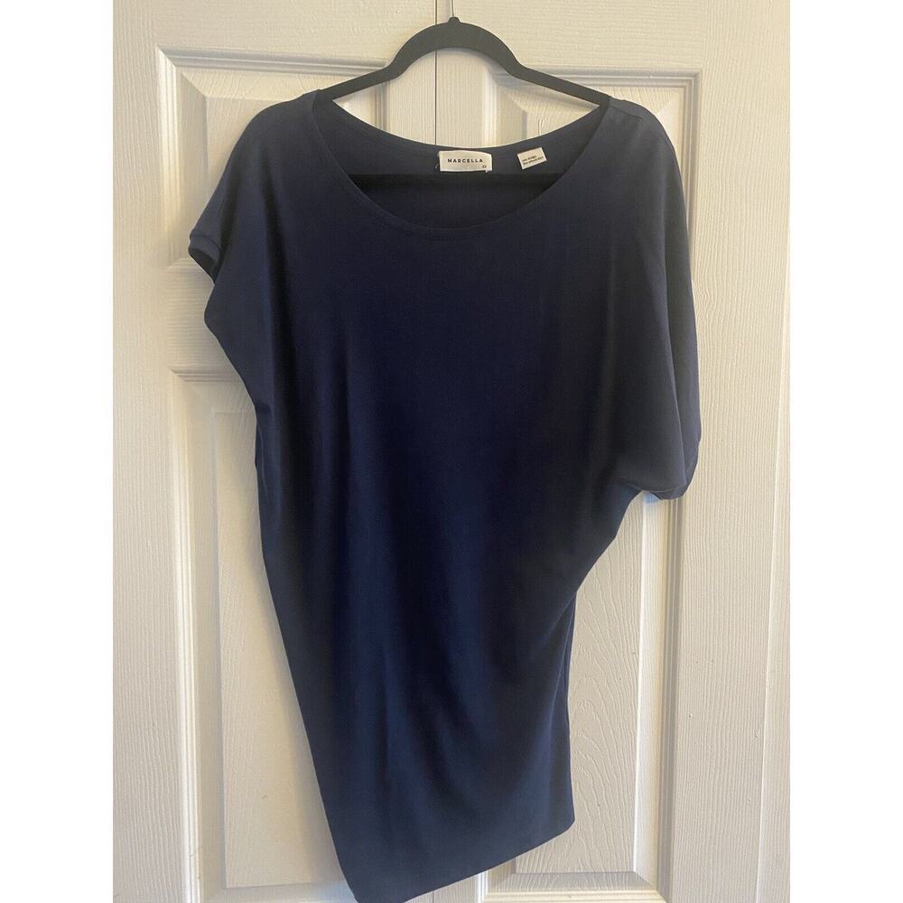 Marcella Manhattan Asymmetric Top Womens XS Navy Blue Tencel Draped Minimalist